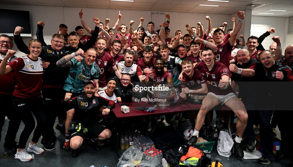 17 May 2026; Westmeath players and officials celebrate with the Delaney Cup in the dressingroom after the Leinster GAA Football Senior Championship final match between Dublin and Westmeath at Croke Park in Dublin. Photo by Ray McManus/Sportsfile