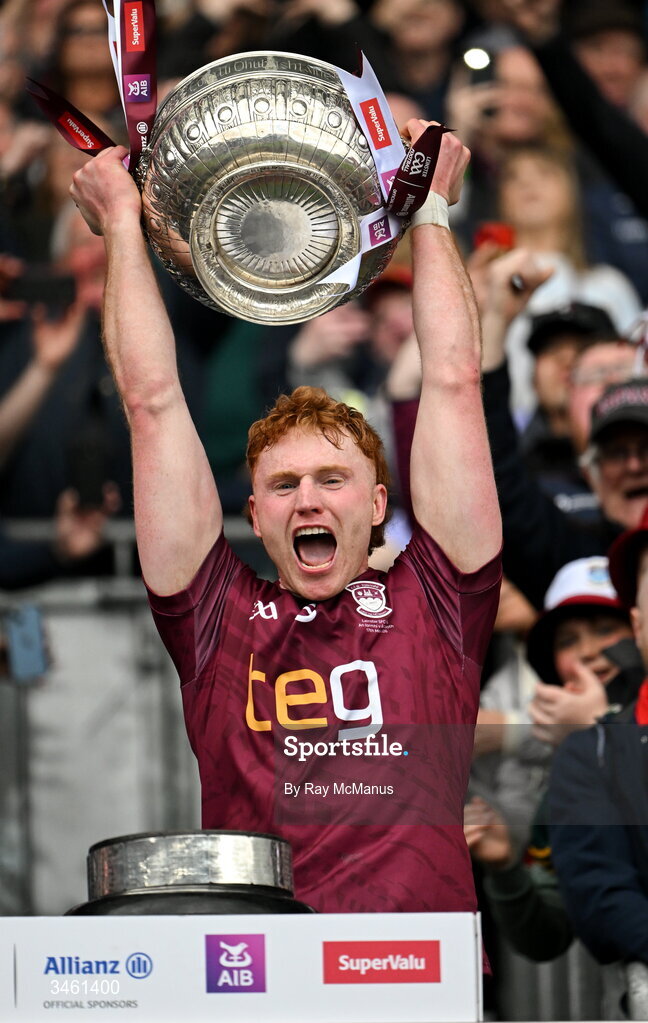 17 May 2026; Westmeath captain Ronan Wallace lifts the Delaney Cup after the Leinster GAA Football Senior Championship final match between Dublin and Westmeath at Croke Park in Dublin. Photo by Ray McManus/Sportsfile