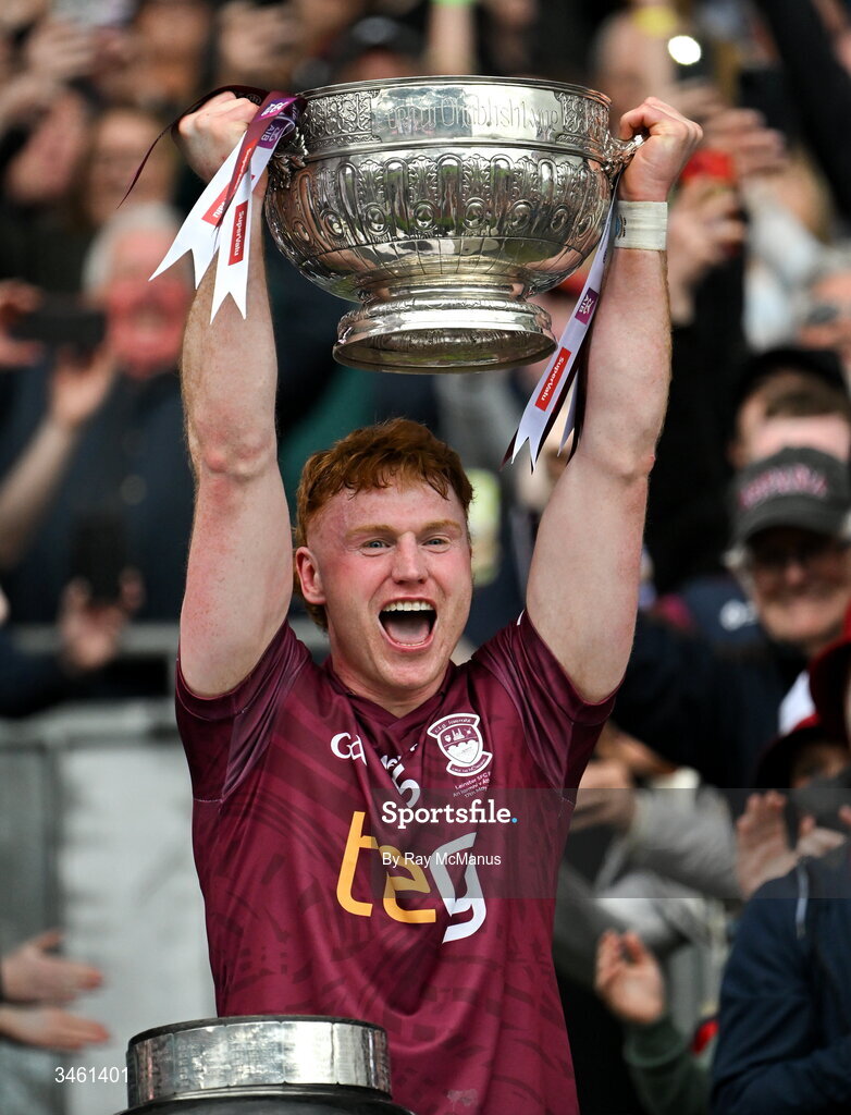17 May 2026; Ronan Wallace of Westmeath lifts the Delaney Cup after the Leinster GAA Football Senior Championship final match between Dublin and Westmeath at Croke Park in Dublin. Photo by Ray McManus/Sportsfile