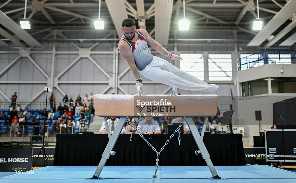 17 May 2026; Dominick Cunningham competes in the Pommel Horse during the Gymnastics Ireland National Series Sport Ireland National Indoor Arena on the Sport Ireland Campus in Dublin. Photo by Ben McShane/Sportsfile