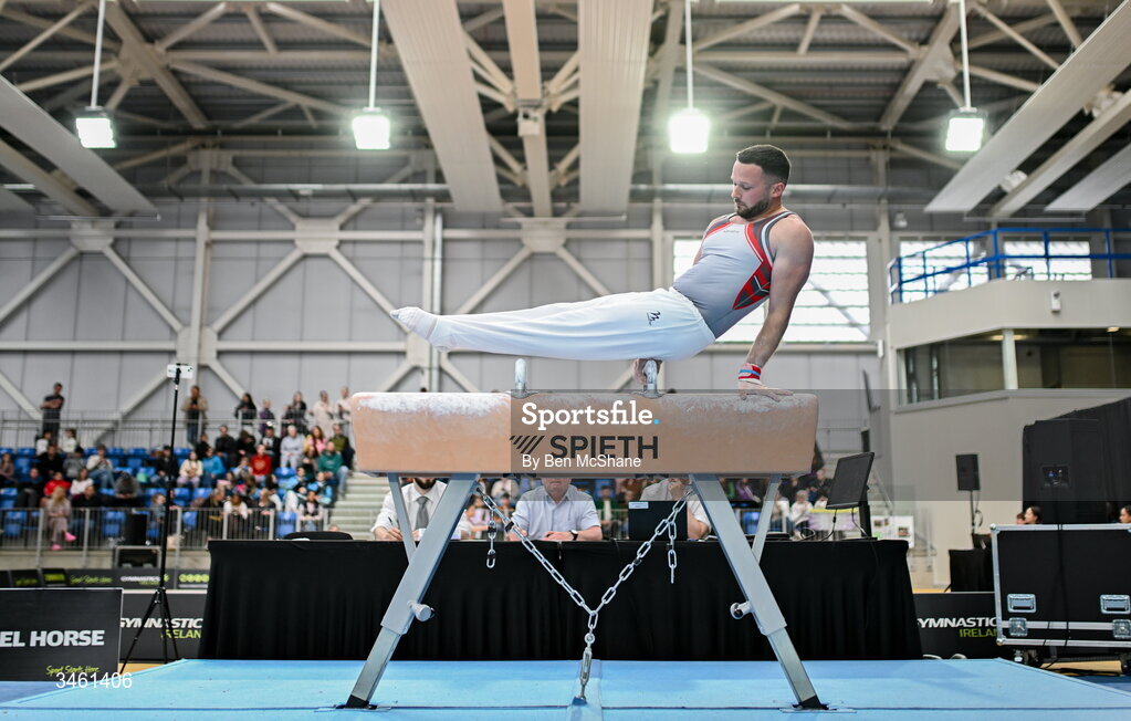 17 May 2026; Dominick Cunningham competes in the Pommel Horse during the Gymnastics Ireland National Series Sport Ireland National Indoor Arena on the Sport Ireland Campus in Dublin. Photo by Ben McShane/Sportsfile