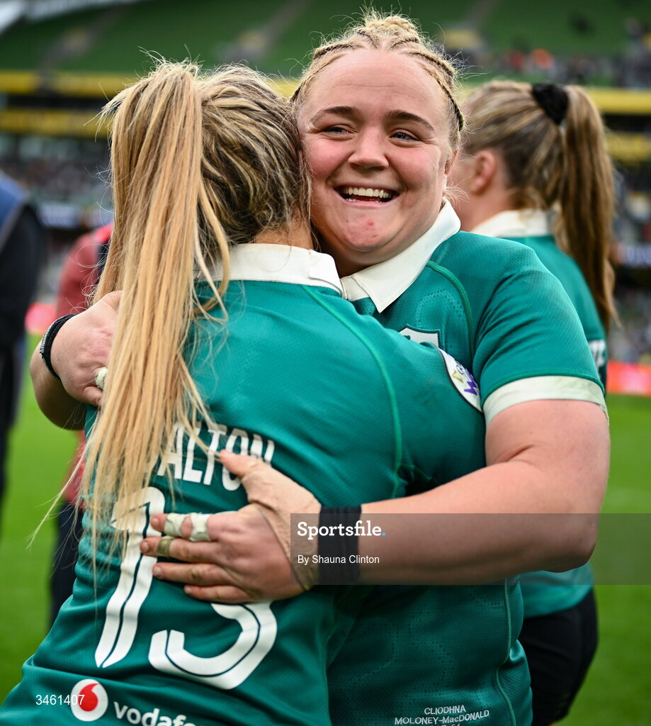 17 May 2026; Ireland players Cliodhna Moloney MacDonald, right, and Aoife Dalton celebrate after their side's victory in the Women's 6 Nations Rugby Championship match between Ireland and Scotland at the Aviva Stadium in Dublin. Photo by Shauna Clinton/Sportsfile