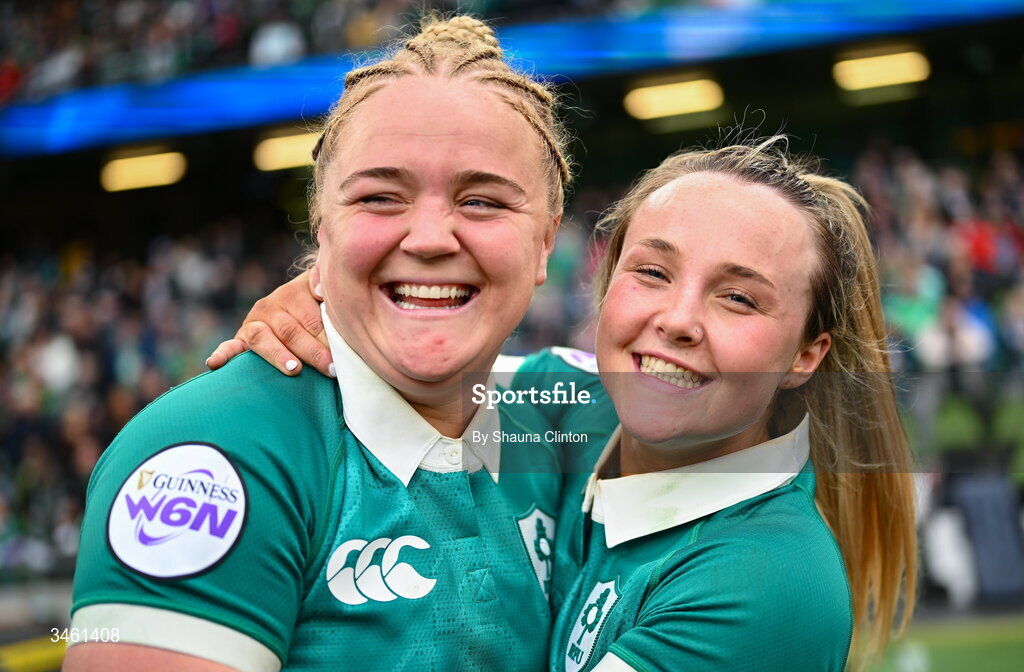 17 May 2026; Ireland players Cliodhna Moloney MacDonald, and Aoife Dalton celebrate after their side's victory in the Women's 6 Nations Rugby Championship match between Ireland and Scotland at the Aviva Stadium in Dublin. Photo by Shauna Clinton/Sportsfile