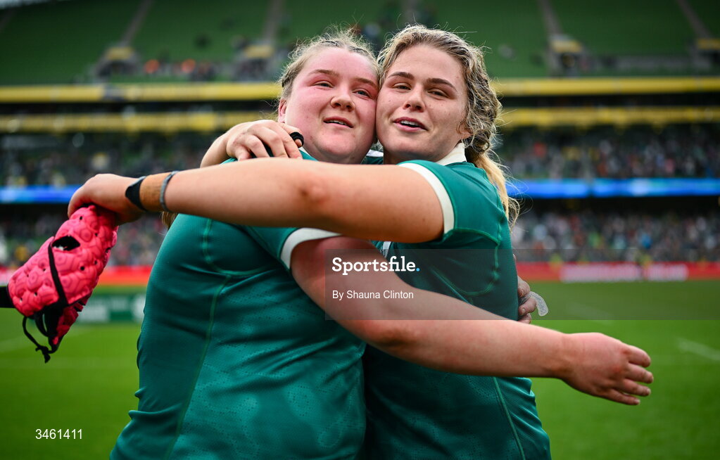 17 May 2026; Ireland players Eilís Cahill, right, and Dorothy Wall celebrate after their side's victory in the Women's 6 Nations Rugby Championship match between Ireland and Scotland at the Aviva Stadium in Dublin. Photo by Shauna Clinton/Sportsfile