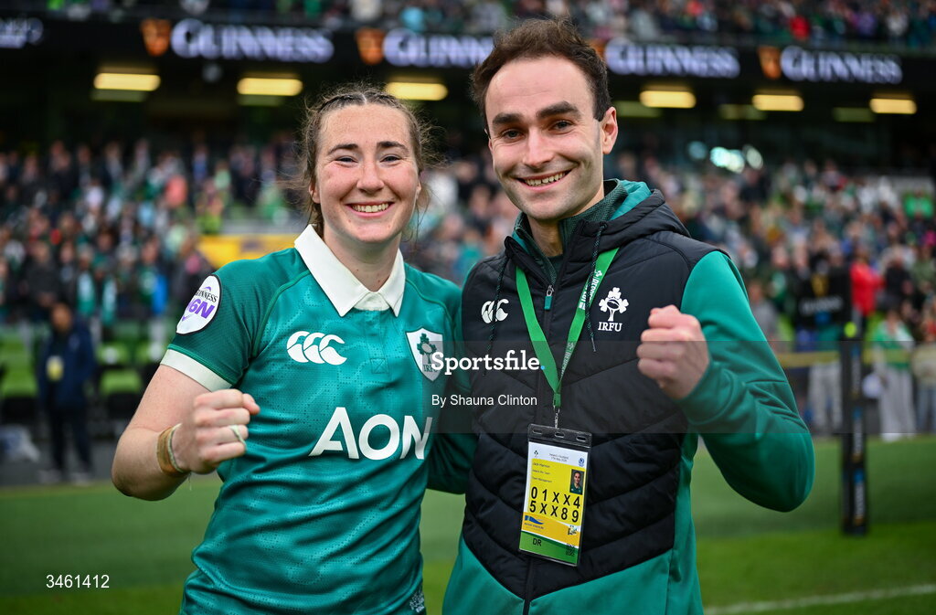 17 May 2026; Eve Higgins of Ireland and Ireland performance analyst Jack Hannon celebrate after their side's victory in the Women's 6 Nations Rugby Championship match between Ireland and Scotland at the Aviva Stadium in Dublin. Photo by Shauna Clinton/Sportsfile