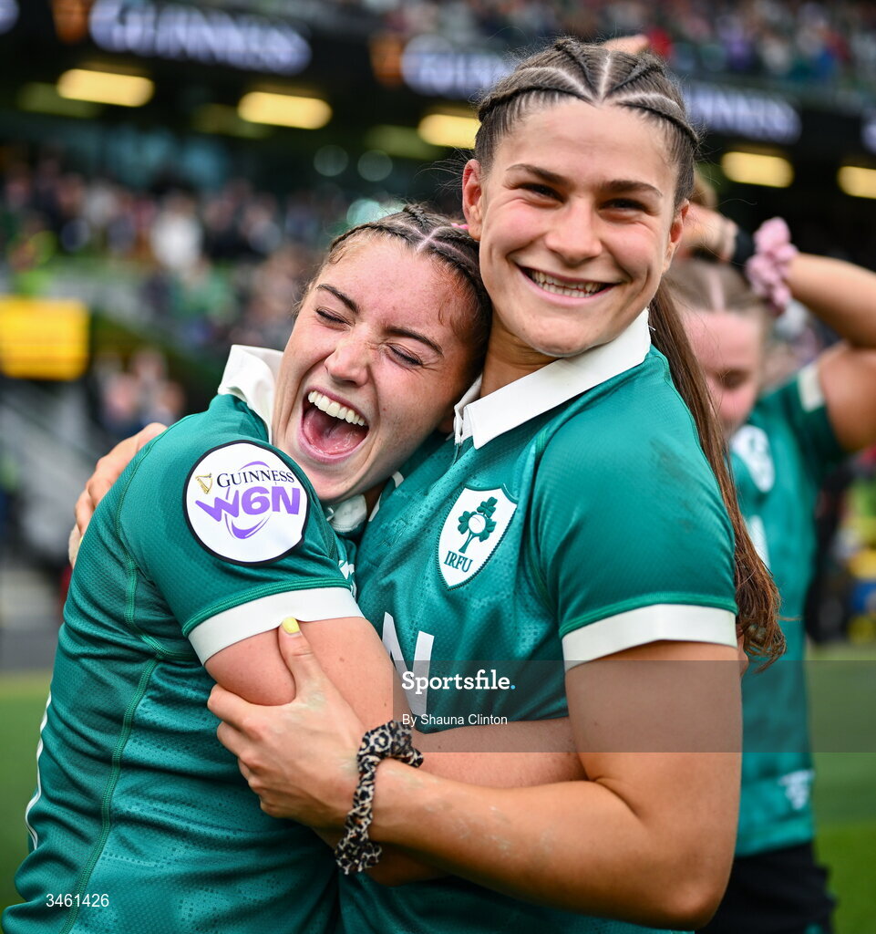 17 May 2026; Katie Whelan, left, and Vicky Elmes Kinlan of Ireland celebrate after their side's victory in the Women's 6 Nations Rugby Championship match between Ireland and Scotland at the Aviva Stadium in Dublin. Photo by Shauna Clinton/Sportsfile