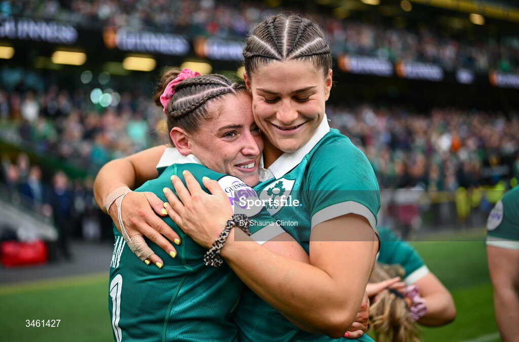 17 May 2026; Katie Whelan, left, and Vicky Elmes Kinlan of Ireland celebrate after their side's victory in the Women's 6 Nations Rugby Championship match between Ireland and Scotland at the Aviva Stadium in Dublin. Photo by Shauna Clinton/Sportsfile