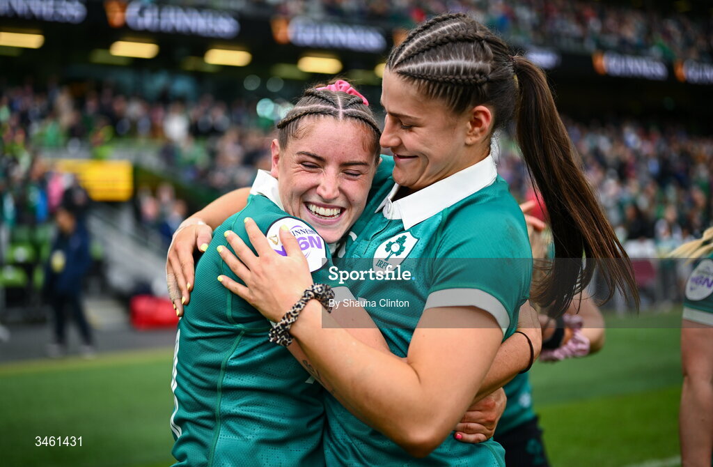 17 May 2026; Katie Whelan, left, and Vicky Elmes Kinlan of Ireland celebrate after their side's victory in the Women's 6 Nations Rugby Championship match between Ireland and Scotland at the Aviva Stadium in Dublin. Photo by Shauna Clinton/Sportsfile