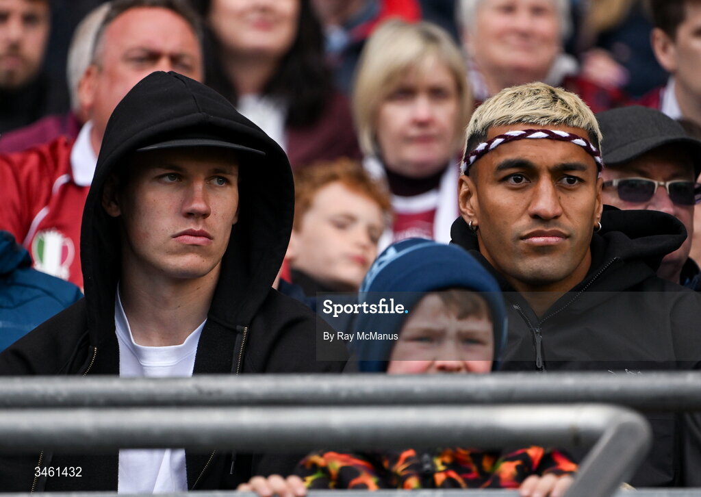 17 May 2026; Leinster players Sam Prendergast and Rieko Ioane watch the Leinster GAA Football Senior Championship final match between Dublin and Westmeath at Croke Park in Dublin. Photo by Ray McManus/Sportsfile