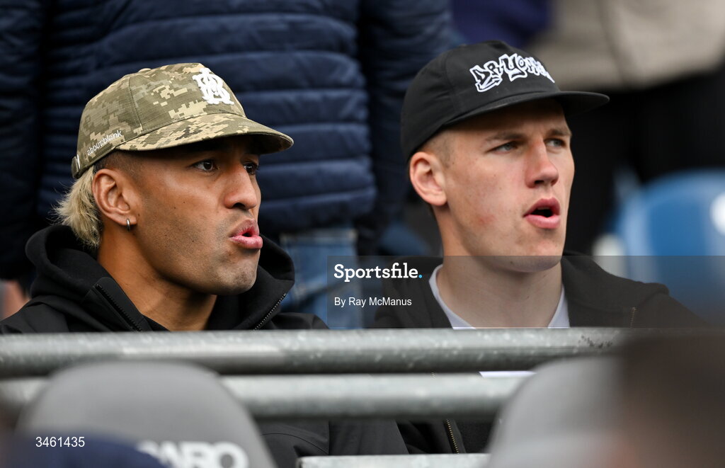 17 May 2026; Leinster players Rieko Ioane and Sam Prendergast watch the Leinster GAA Football Senior Championship final match between Dublin and Westmeath at Croke Park in Dublin. Photo by Ray McManus/Sportsfile