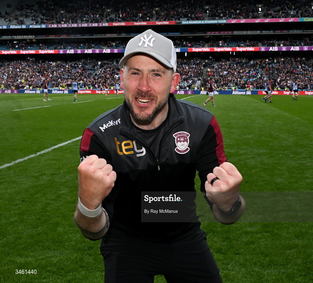 17 May 2026; Westmeath manager Mark McHugh celebrates at the final hooter after the Leinster GAA Football Senior Championship final match between Dublin and Westmeath at Croke Park in Dublin. Photo by Ray McManus/Sportsfile