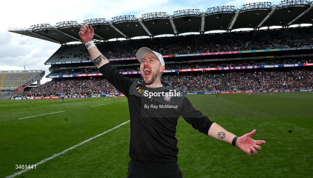 17 May 2026; Westmeath manager Mark McHugh celebrates at the final hooter after the Leinster GAA Football Senior Championship final match between Dublin and Westmeath at Croke Park in Dublin. Photo by Ray McManus/Sportsfile
