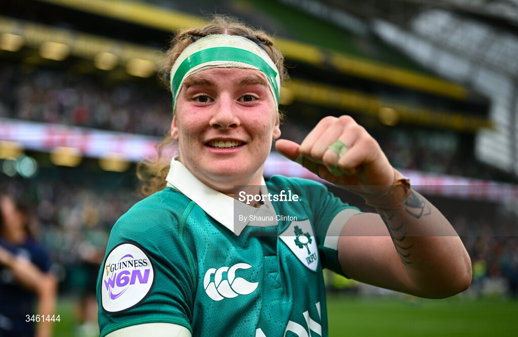17 May 2026; Ruth Campbell of Ireland celebrates after her side's victory in the Women's 6 Nations Rugby Championship match between Ireland and Scotland at the Aviva Stadium in Dublin. Photo by Shauna Clinton/Sportsfile