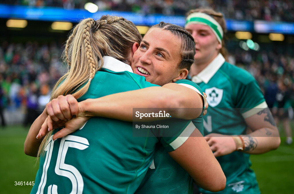 17 May 2026; Ireland players Emily Lane, Stacey Flood celebrates after their side's victory in the Women's 6 Nations Rugby Championship match between Ireland and Scotland at the Aviva Stadium in Dublin. Photo by Shauna Clinton/Sportsfile