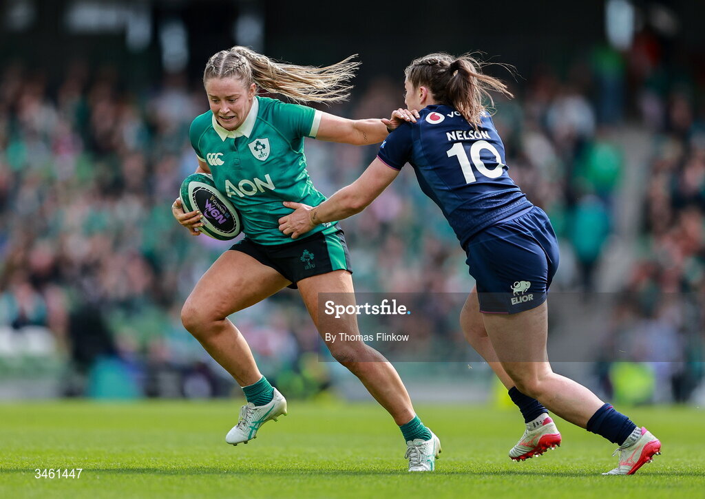 17 May 2026; Stacey Flood of Ireland in action against Helen Nelson of Scotland during the Women's 6 Nations Rugby Championship match between Ireland and Scotland at the Aviva Stadium in Dublin. Photo by Thomas Flinkow/Sportsfile