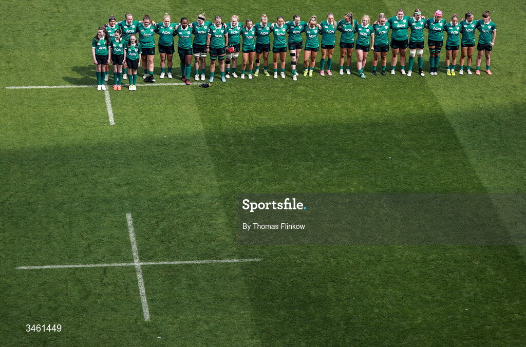17 May 2026; The Ireland team stands for the playing of the anthems during the Women's 6 Nations Rugby Championship match between Ireland and Scotland at the Aviva Stadium in Dublin. Photo by Thomas Flinkow/Sportsfile