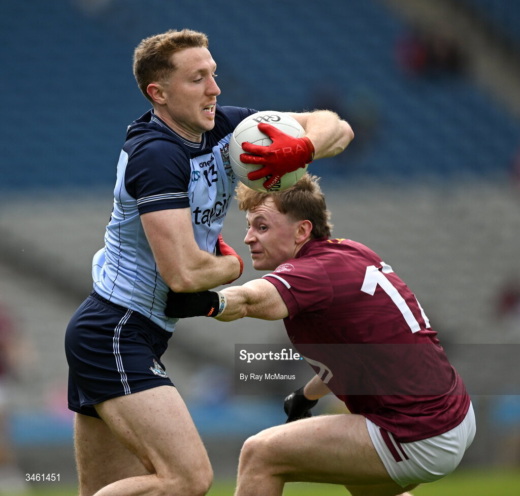 17 May 2026; Paddy Small of Dublin is tackled by Adam Treanor of Westmeath during the Leinster GAA Football Senior Championship final match between Dublin and Westmeath at Croke Park in Dublin. Photo by Ray McManus/Sportsfile