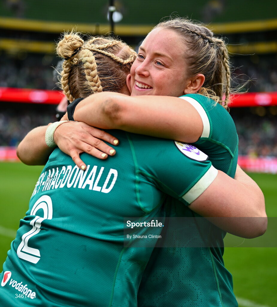 17 May 2026; Ireland players Stacey Flood, right, and Cliodhna Moloney MacDonald celebrate after their side's victory in the Women's 6 Nations Rugby Championship match between Ireland and Scotland at the Aviva Stadium in Dublin. Photo by Shauna Clinton/Sportsfile