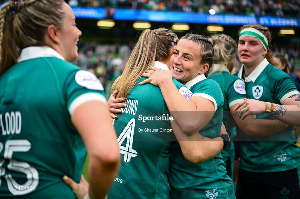 17 May 2026; Ireland players Emily Lane, left, and Béibhinn Parsons celebrate after their side's victory in the Women's 6 Nations Rugby Championship match between Ireland and Scotland at the Aviva Stadium in Dublin. Photo by Shauna Clinton/Sportsfile