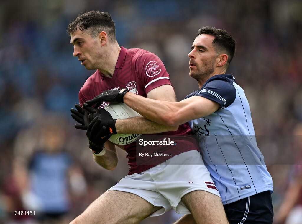17 May 2026; Charlie Drumm of Westmeath is tackled by Niall Scully of Dublin during the Leinster GAA Football Senior Championship final match between Dublin and Westmeath at Croke Park in Dublin. Photo by Ray McManus/Sportsfile