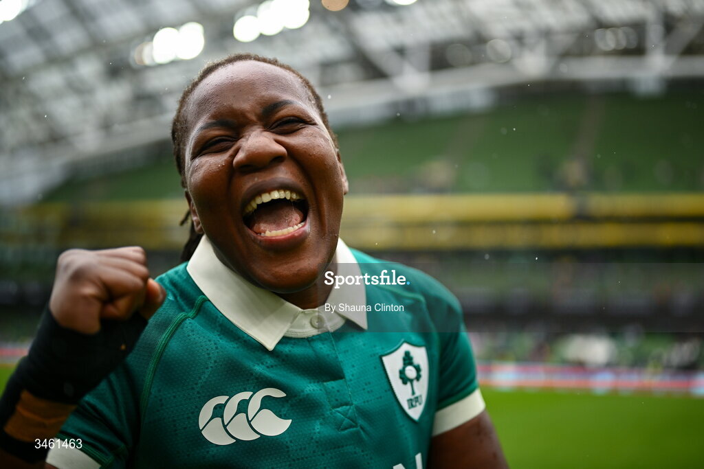 17 May 2026; Linda Djougang of Ireland celebrates after her side's victory in the Women's 6 Nations Rugby Championship match between Ireland and Scotland at the Aviva Stadium in Dublin. Photo by Shauna Clinton/Sportsfile