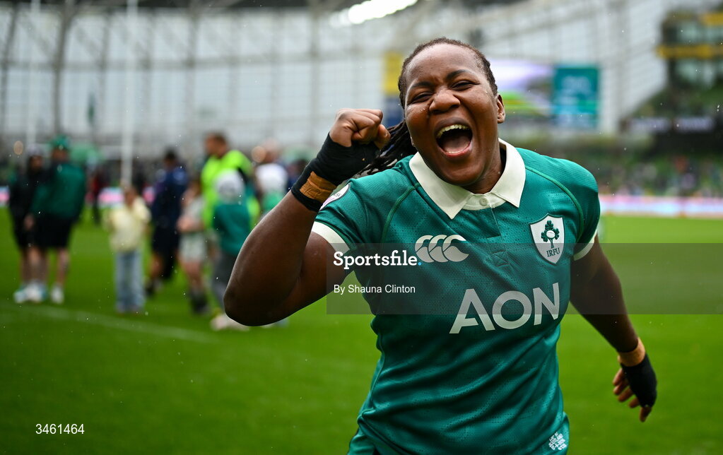 17 May 2026; Linda Djougang of Ireland celebrates after her side's victory in the Women's 6 Nations Rugby Championship match between Ireland and Scotland at the Aviva Stadium in Dublin. Photo by Shauna Clinton/Sportsfile