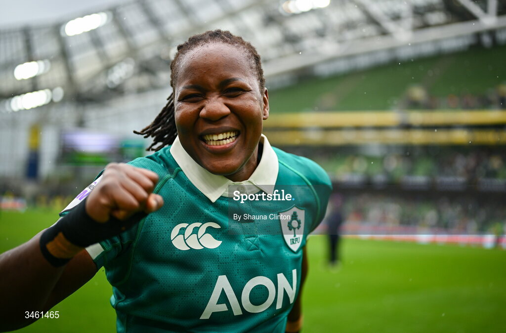 17 May 2026; Linda Djougang of Ireland celebrates after her side's victory in the Women's 6 Nations Rugby Championship match between Ireland and Scotland at the Aviva Stadium in Dublin. Photo by Shauna Clinton/Sportsfile