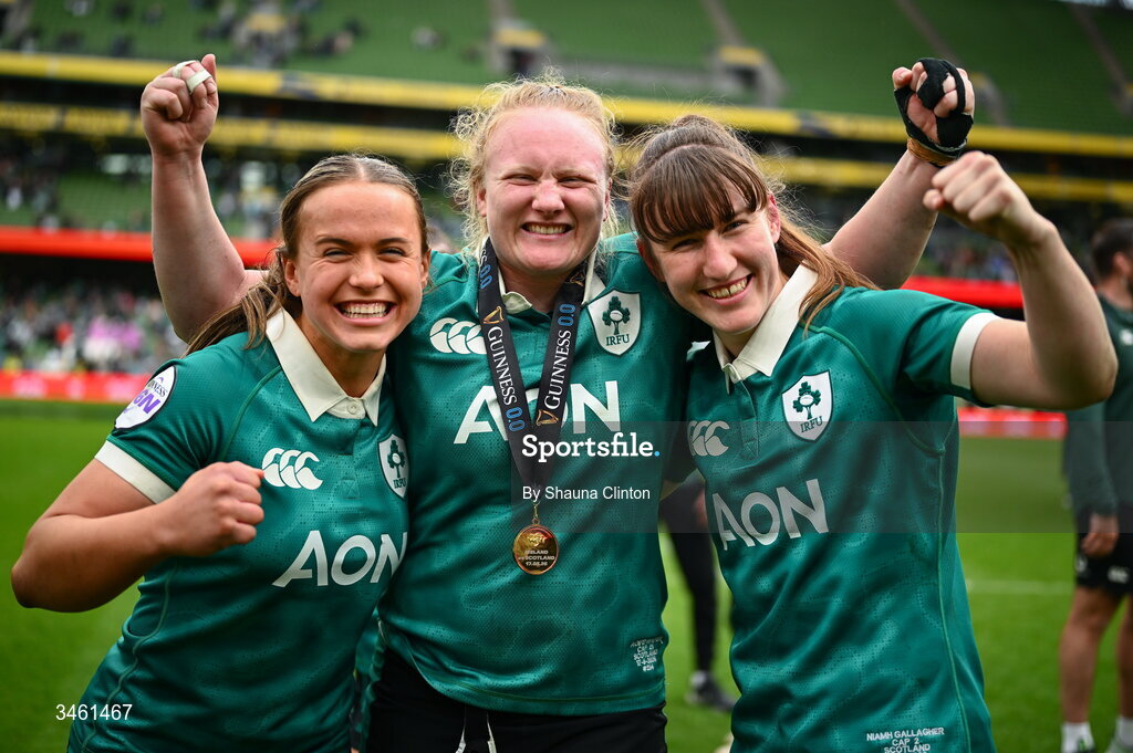 17 May 2026; Ireland players, from left, Robyn O'Connor, Aoife Wafer and Niamh Gallagher celebrate after their side's victory in the Women's 6 Nations Rugby Championship match between Ireland and Scotland at the Aviva Stadium in Dublin. Photo by Shauna Clinton/Sportsfile