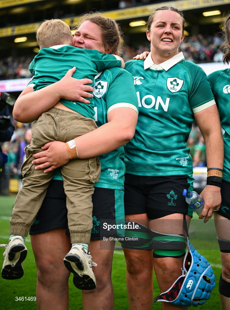 17 May 2026; Ellena Perry of Ireland celebrates with her son Bert after their side's victory in the Women's 6 Nations Rugby Championship match between Ireland and Scotland at the Aviva Stadium in Dublin. Photo by Shauna Clinton/Sportsfile