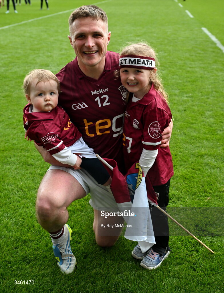 17 May 2026; Conor Dillon of Westmeath with his children Oisín, 10 months, and Amelia, 5 years, after the Leinster GAA Football Senior Championship final match between Dublin and Westmeath at Croke Park in Dublin. Photo by Ray McManus/Sportsfile