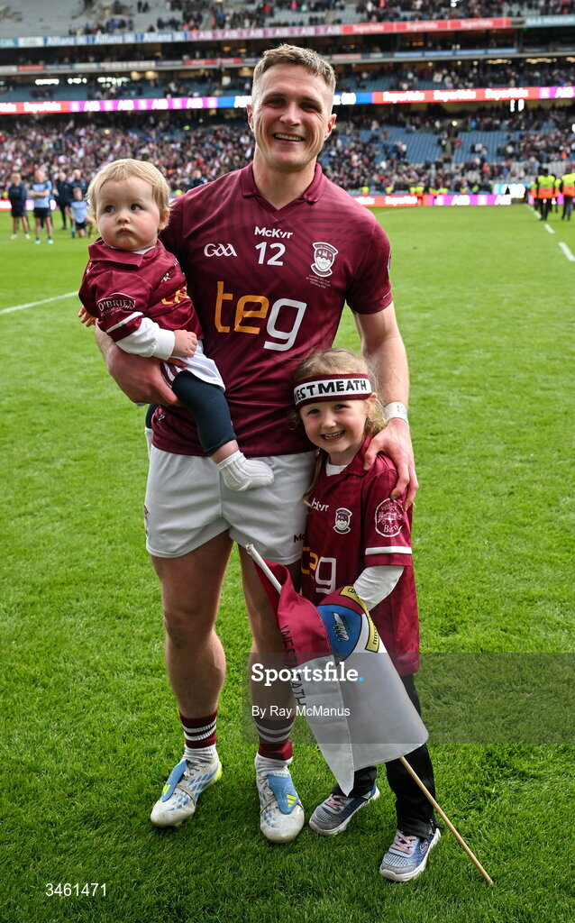 17 May 2026; Conor Dillon of Westmeath with his children Oisín, 10 months, and Amelia, 5 years, after the Leinster GAA Football Senior Championship final match between Dublin and Westmeath at Croke Park in Dublin. Photo by Ray McManus/Sportsfile