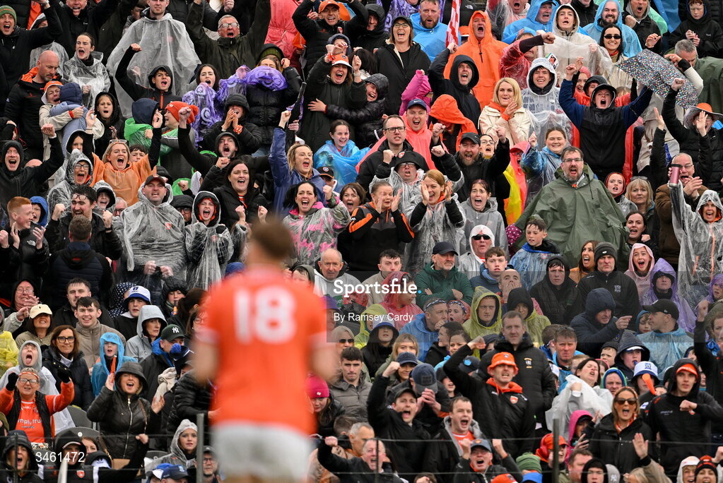 17 May 2026; Armagh supporters celebrate their side's second goal, scored by Oisin O'Neill, during the Ulster GAA Football Senior Championship final match between Armagh and Monaghan at St Tiernach's Park in Clones, Monaghan. Photo by Ramsey Cardy/Sportsfile