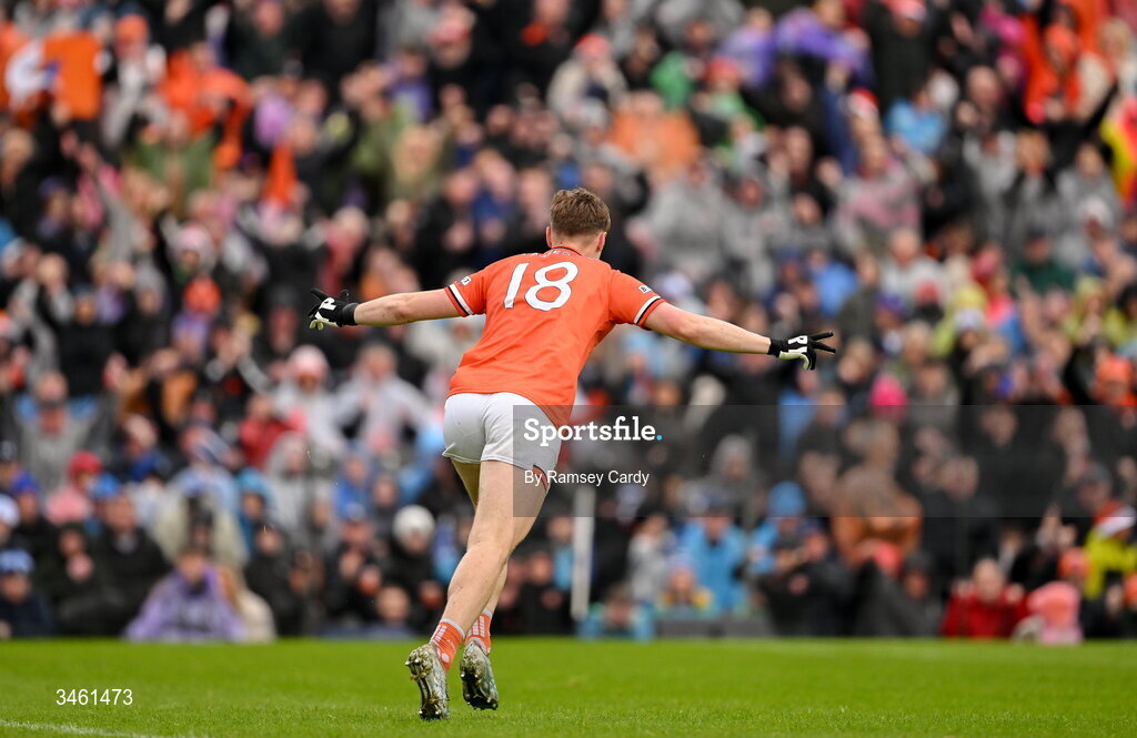 17 May 2026; Oisin O'Neill of Armagh celebrates after scoring his side's second goal during the Ulster GAA Football Senior Championship final match between Armagh and Monaghan at St Tiernach's Park in Clones, Monaghan. Photo by Ramsey Cardy/Sportsfile