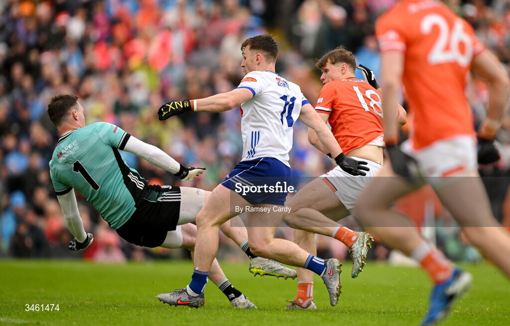 17 May 2026; Oisin O'Neill of Armagh scores his side's second goal past Monaghan goalkeeper Rory Beggan during the Ulster GAA Football Senior Championship final match between Armagh and Monaghan at St Tiernach's Park in Clones, Monaghan. Photo by Ramsey Cardy/Sportsfile
