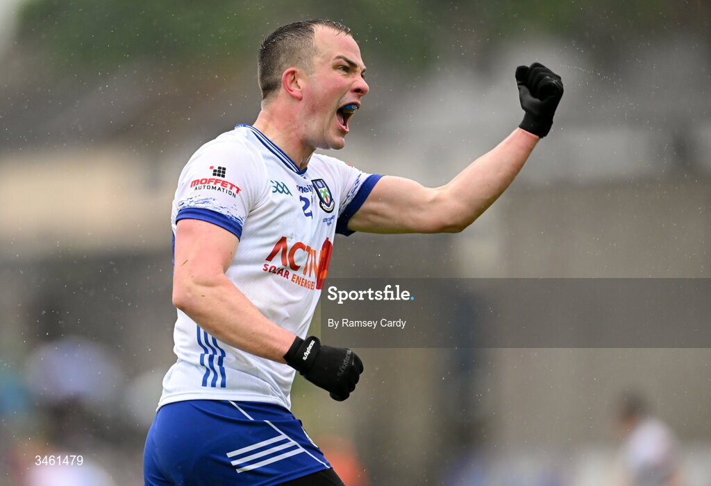 17 May 2026; Jack McCarron of Monaghan celebrates scoring a point during the Ulster GAA Football Senior Championship final match between Armagh and Monaghan at St Tiernach's Park in Clones, Monaghan. Photo by Ramsey Cardy/Sportsfile