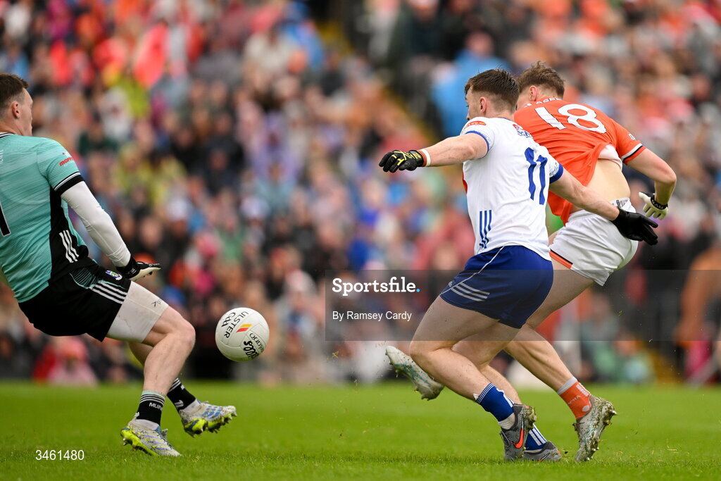 17 May 2026; Oisin O'Neill of Armagh scores his side's second goal past Monaghan goalkeeper Rory Beggan during the Ulster GAA Football Senior Championship final match between Armagh and Monaghan at St Tiernach's Park in Clones, Monaghan. Photo by Ramsey Cardy/Sportsfile