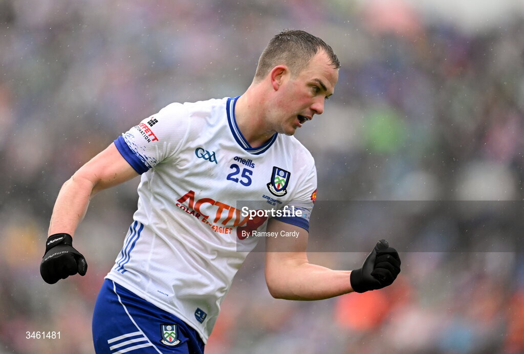 17 May 2026; Jack McCarron of Monaghan celebrates scoring a point during the Ulster GAA Football Senior Championship final match between Armagh and Monaghan at St Tiernach's Park in Clones, Monaghan. Photo by Ramsey Cardy/Sportsfile
