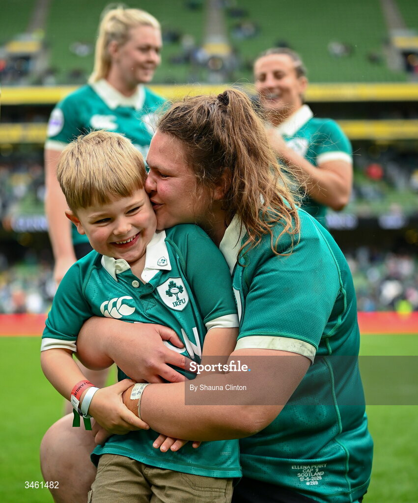 17 May 2026; Ellena Perry of Ireland with her son Bert after their side's victory in the Women's 6 Nations Rugby Championship match between Ireland and Scotland at the Aviva Stadium in Dublin. Photo by Shauna Clinton/Sportsfile