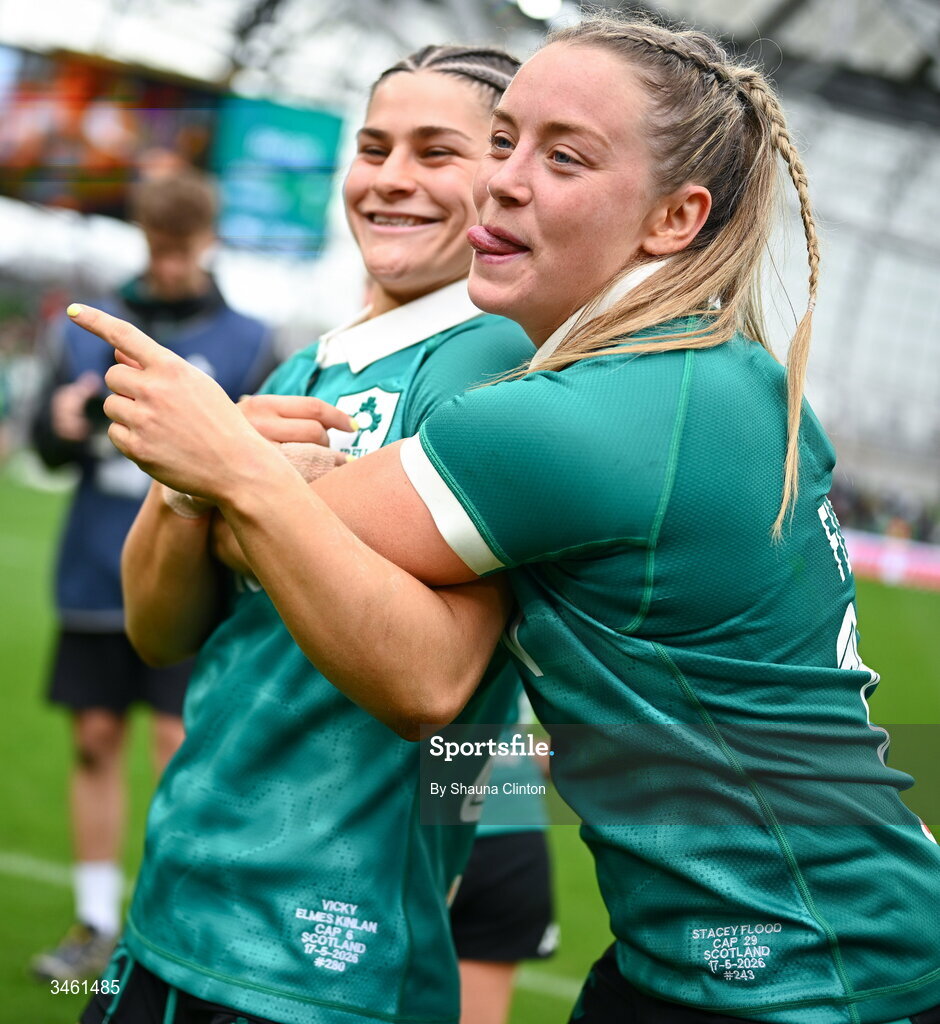 17 May 2026; Ireland players Vicky Elmes Kinlan, left, and Stacey Flood after the Women's 6 Nations Rugby Championship match between Ireland and Scotland at the Aviva Stadium in Dublin. Photo by Shauna Clinton/Sportsfile
