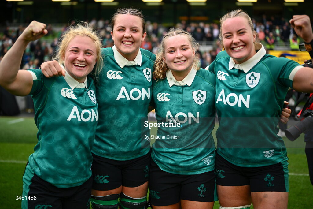 17 May 2026; Ireland players, from left, Neve Jones, Brittany Hogan, Sadhbh McGrath and Fiona Tuite after the Women's 6 Nations Rugby Championship match between Ireland and Scotland at the Aviva Stadium in Dublin. Photo by Shauna Clinton/Sportsfile