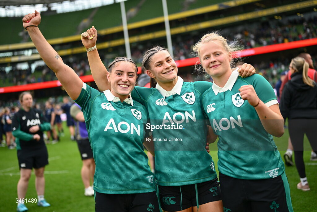17 May 2026; Ireland players, from left, Katie Whelan, Vicky Elmes Kinlan and Dannah O'Brien after the Women's 6 Nations Rugby Championship match between Ireland and Scotland at the Aviva Stadium in Dublin. Photo by Shauna Clinton/Sportsfile