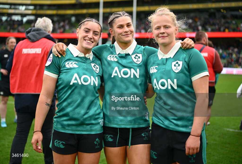 17 May 2026; Ireland players, from left, Katie Whelan, Vicky Elmes Kinlan and Dannah O'Brien after the Women's 6 Nations Rugby Championship match between Ireland and Scotland at the Aviva Stadium in Dublin. Photo by Shauna Clinton/Sportsfile