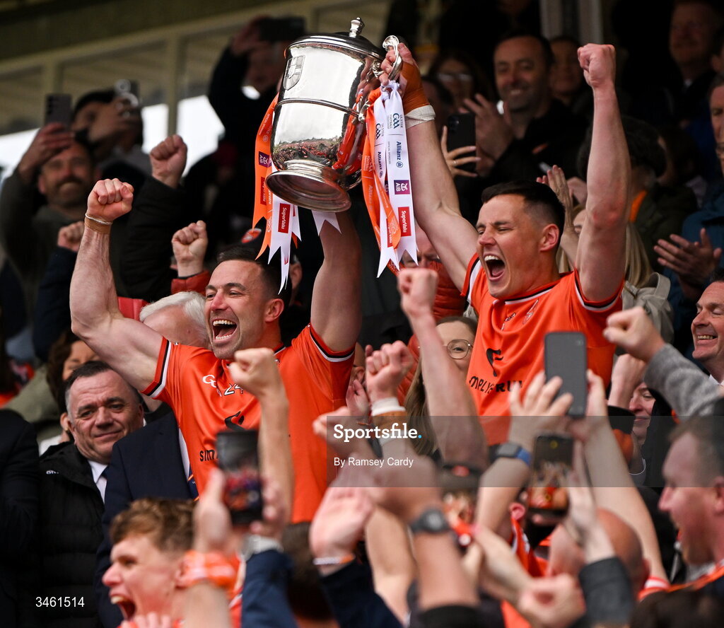 17 May 2026; Aidan Forker of Armagh, left, with Aaron McKay as they lift the Anglo Celt Cup after the Ulster GAA Football Senior Championship final match between Armagh and Monaghan at St Tiernach's Park in Clones, Monaghan. Photo by Ramsey Cardy/Sportsfile