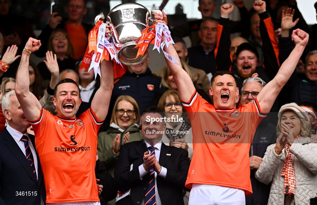 17 May 2026; Aidan Forker of Armagh, left, with Aaron McKay as they lift the Anglo Celt Cup after the Ulster GAA Football Senior Championship final match between Armagh and Monaghan at St Tiernach's Park in Clones, Monaghan. Photo by Piaras Ó Mídheach/Sportsfile