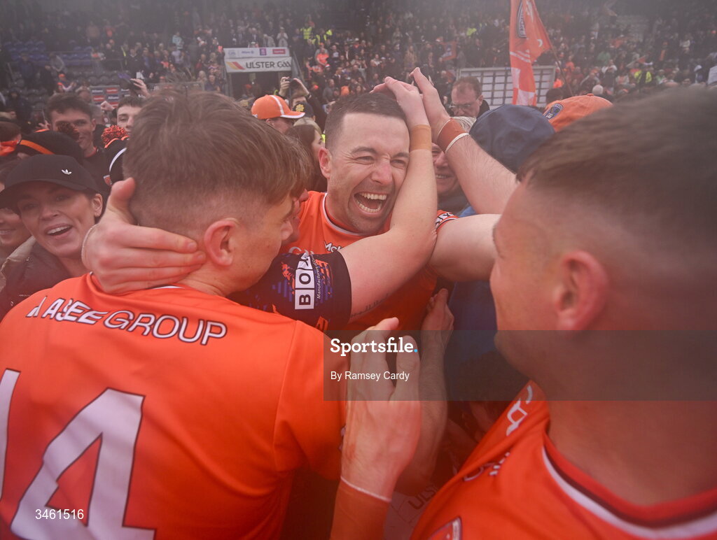 17 May 2026; Aidan Forker of Armagh, centre, celebrates with teammates after the Ulster GAA Football Senior Championship final match between Armagh and Monaghan at St Tiernach's Park in Clones, Monaghan. Photo by Ramsey Cardy/Sportsfile