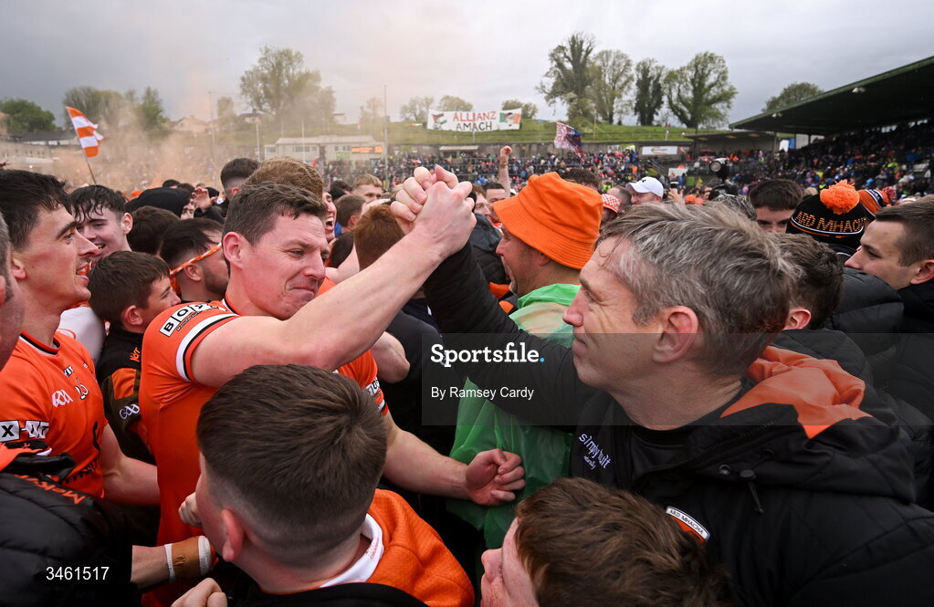 17 May 2026; Armagh manager Kieran McGeeney with Paddy Burns after the Ulster GAA Football Senior Championship final match between Armagh and Monaghan at St Tiernach's Park in Clones, Monaghan. Photo by Ramsey Cardy/Sportsfile