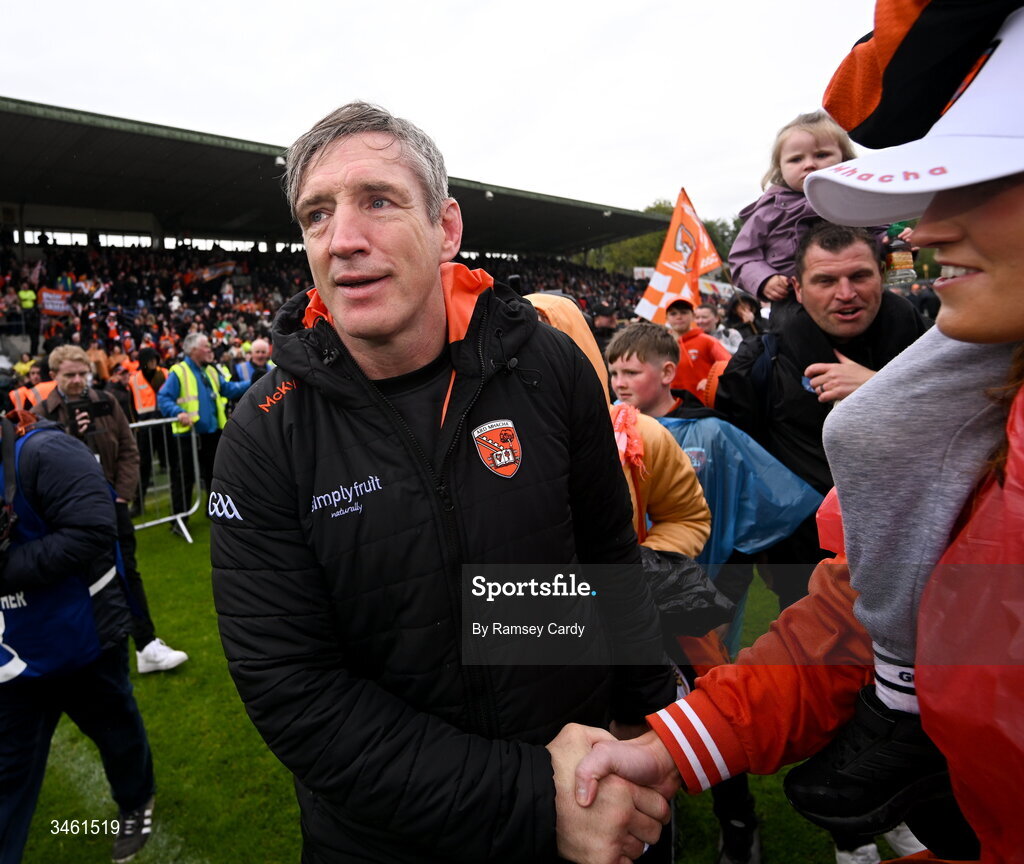 17 May 2026; Armagh manager Kieran McGeeney with supporters after the Ulster GAA Football Senior Championship final match between Armagh and Monaghan at St Tiernach's Park in Clones, Monaghan. Photo by Ramsey Cardy/Sportsfile