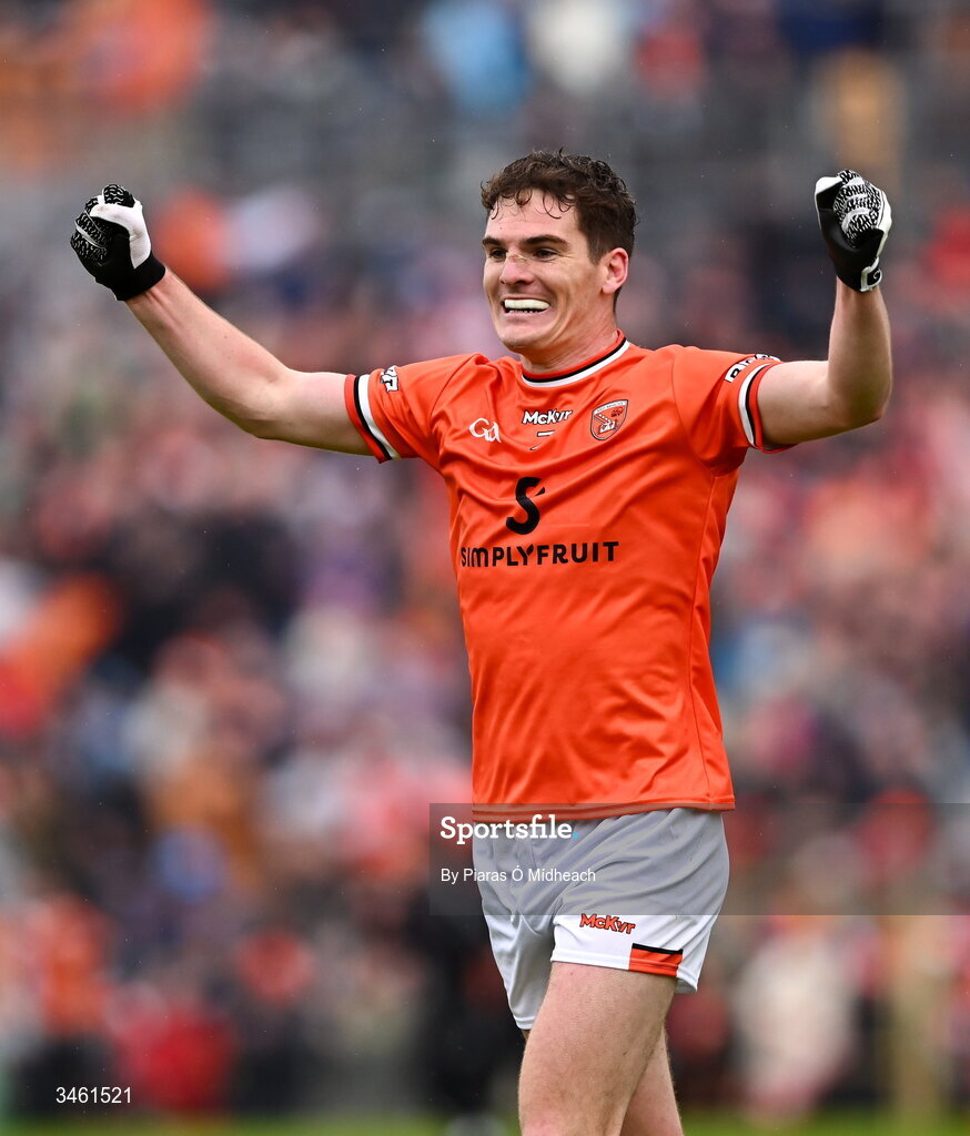 17 May 2026; Jarly Og Burns of Armagh celebrates after the Ulster GAA Football Senior Championship final match between Armagh and Monaghan at St Tiernach's Park in Clones, Monaghan. Photo by Piaras Ó Mídheach/Sportsfile