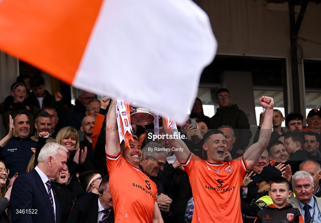 17 May 2026; Armagh's Aidan Forker, left, and Aaron McKay lift the Anglo Celt Cup after the Ulster GAA Football Senior Championship final match between Armagh and Monaghan at St Tiernach's Park in Clones, Monaghan. Photo by Ramsey Cardy/Sportsfile