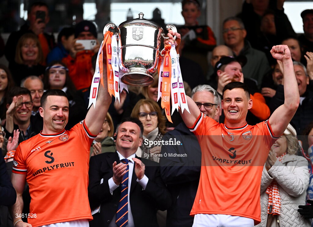 17 May 2026; Aidan Forker of Armagh, left, with Aaron McKay as they lift the Anglo Celt Cup after the Ulster GAA Football Senior Championship final match between Armagh and Monaghan at St Tiernach's Park in Clones, Monaghan. Photo by Piaras Ó Mídheach/Sportsfile